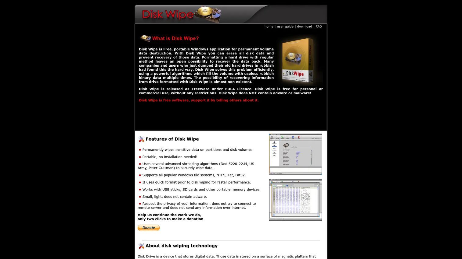 Disk Wipe free portable Windows utility homepage