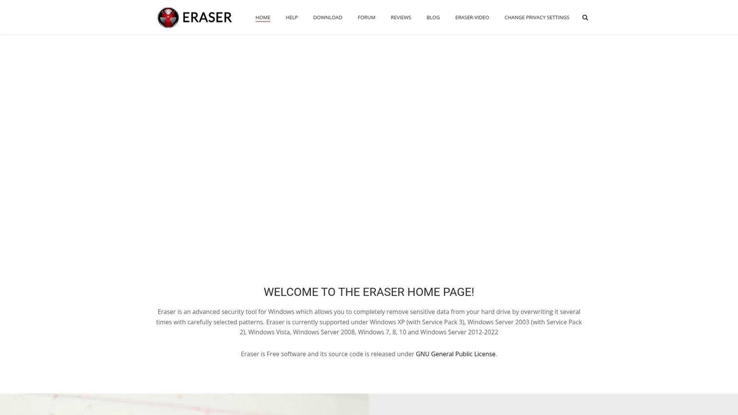 Eraser secure file deletion tool for Windows homepage