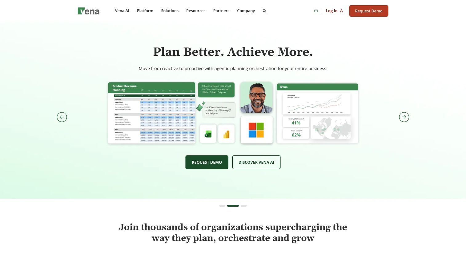 Vena FP&A planning platform homepage