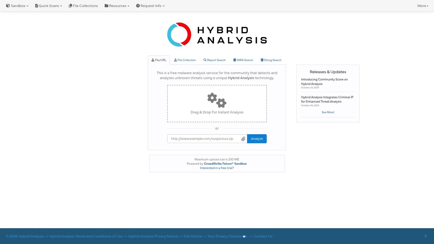Hybrid Analysis malware analysis service homepage