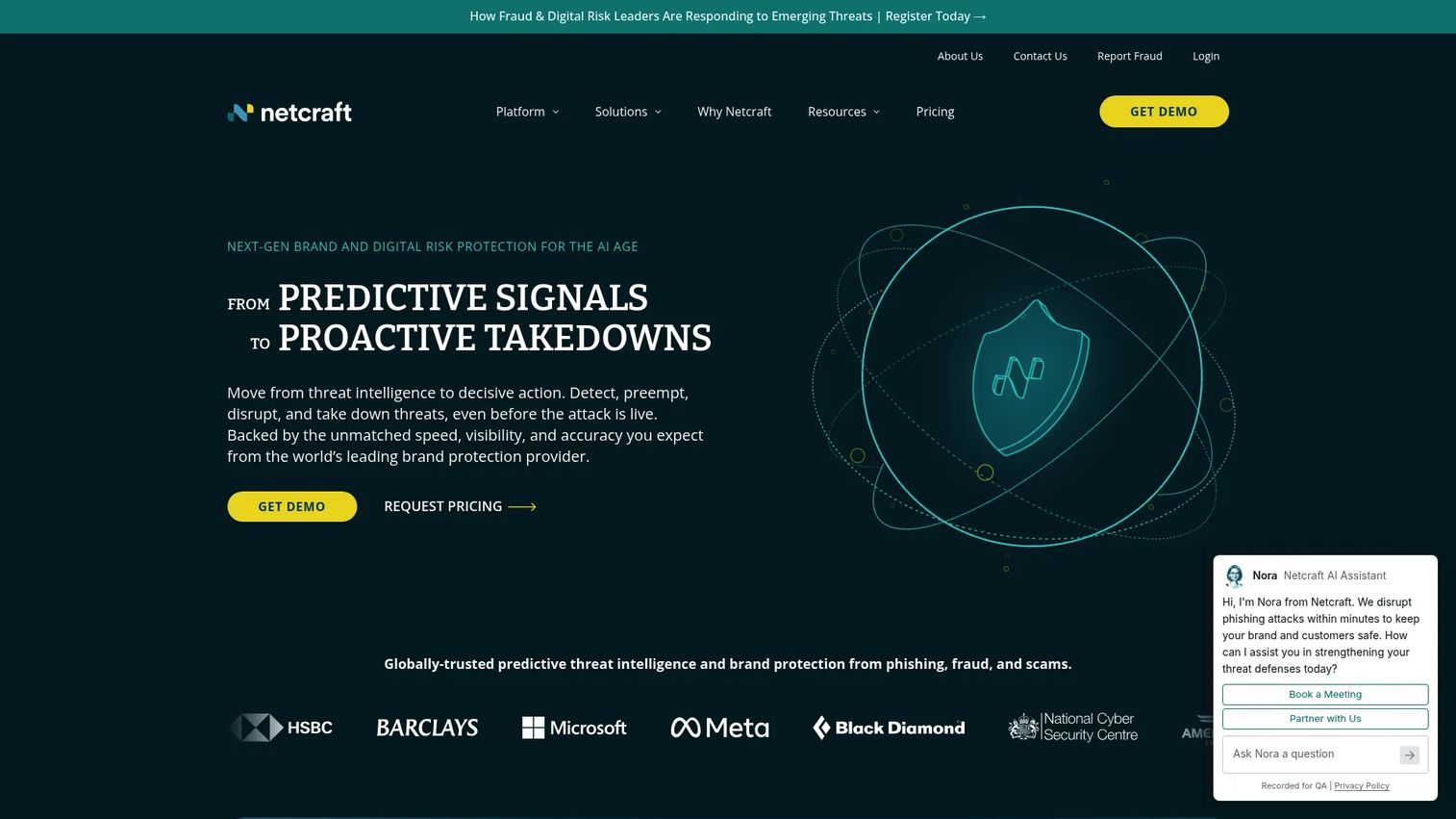 Netcraft digital risk protection and takedown platform homepage