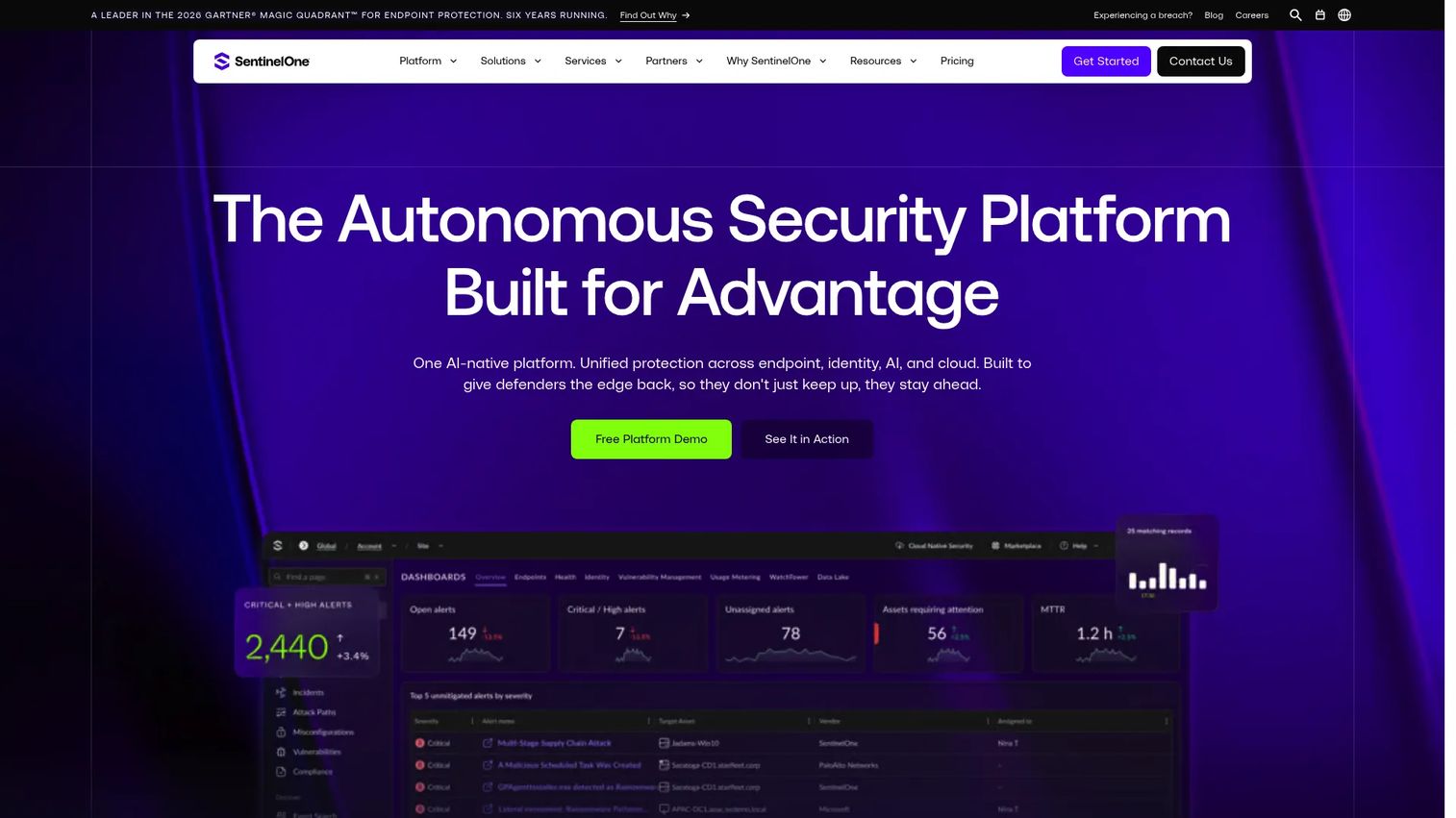SentinelOne cybersecurity platform homepage