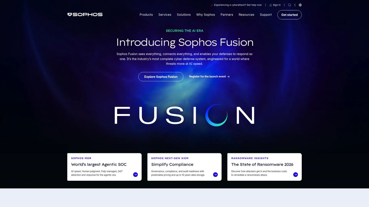 Sophos homepage showing its cybersecurity platform and MDR services