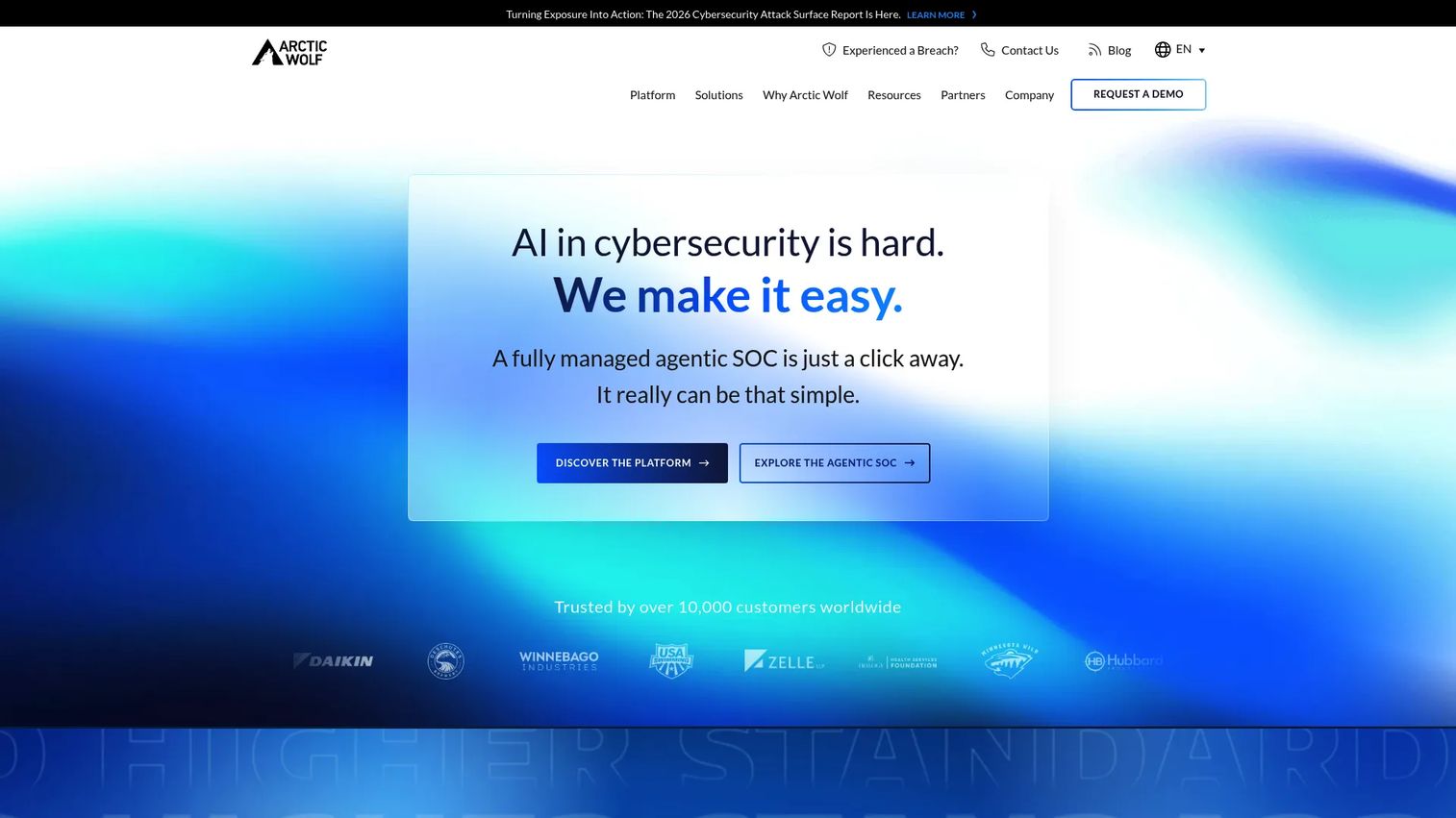Arctic Wolf homepage showing its security operations platform