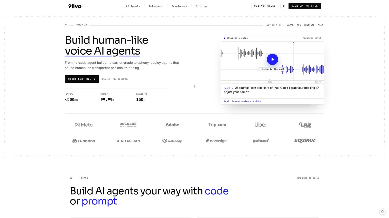Plivo cloud communications platform homepage