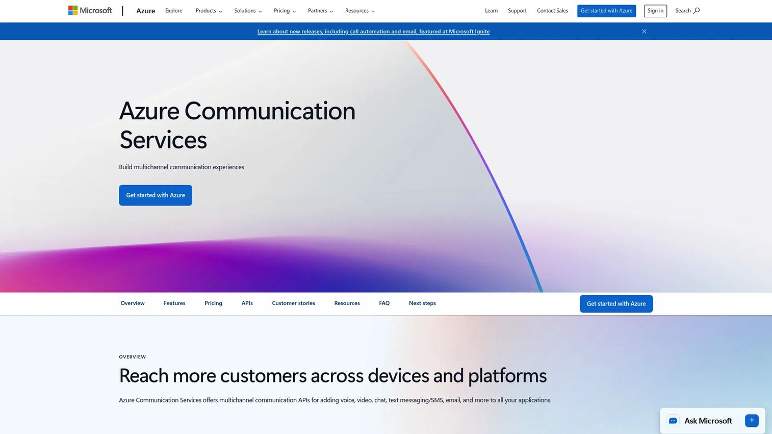 Azure Communication Services homepage