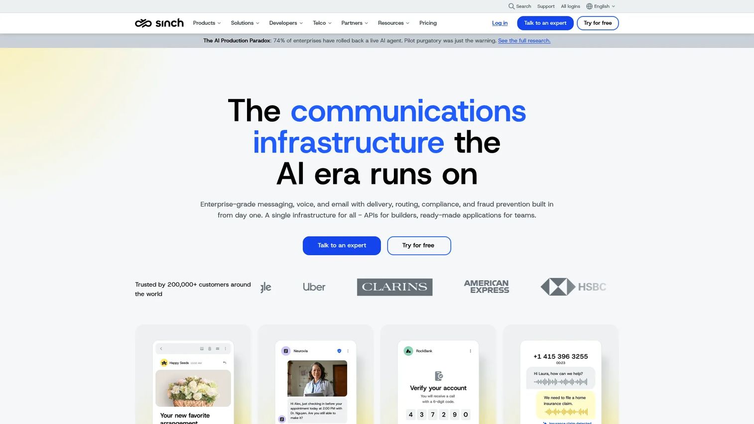 Sinch cloud communications platform homepage