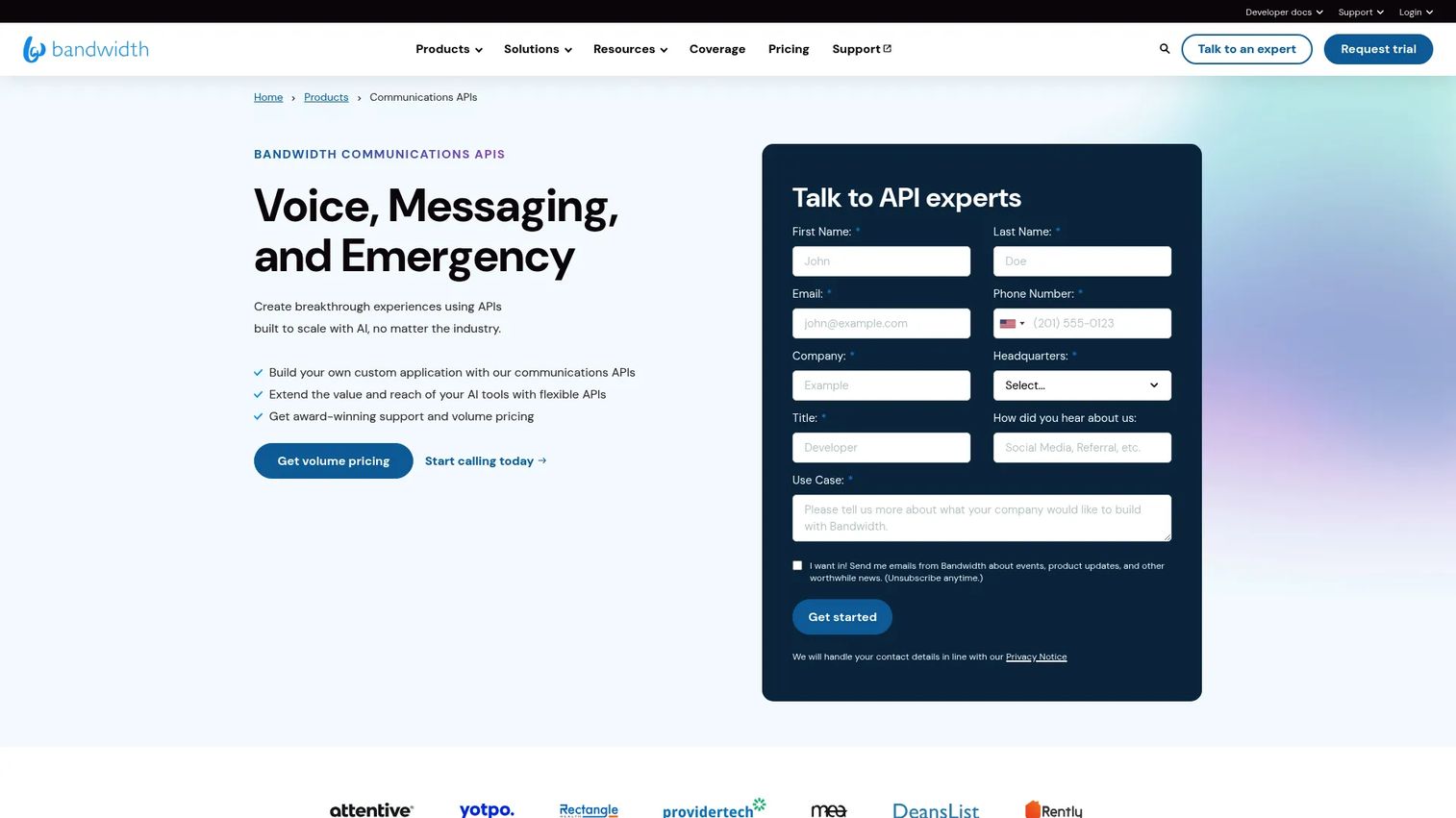 Bandwidth Communication APIs homepage