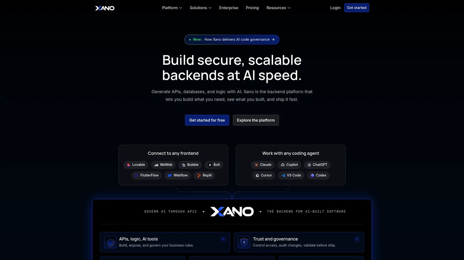 Xano no-code backend platform homepage