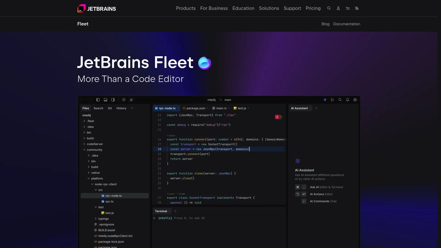 JetBrains Fleet editor showing a clean multi-language coding interface