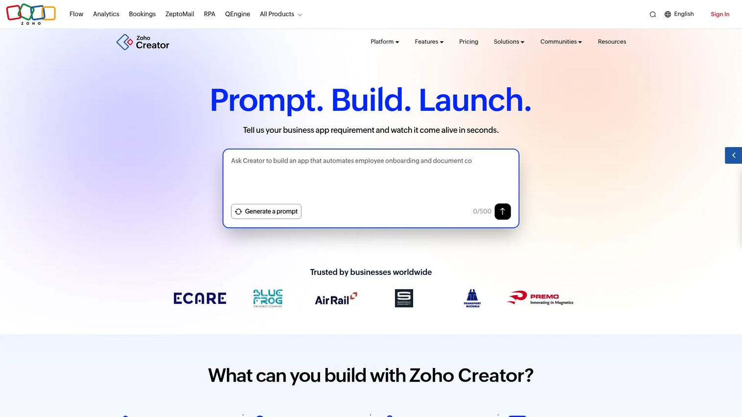 Zoho Creator low-code app builder homepage