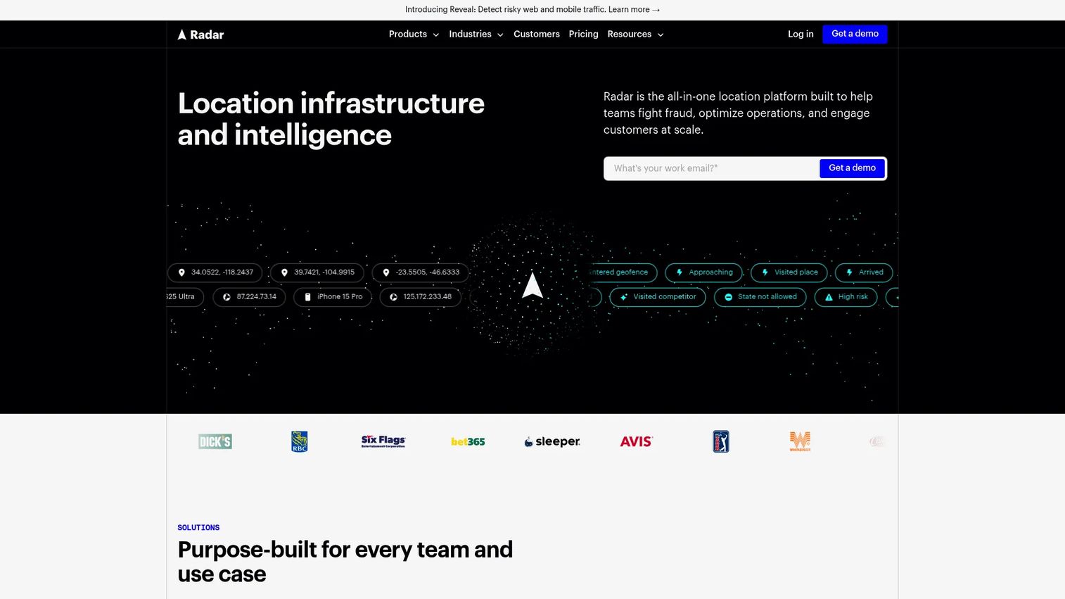 Radar location infrastructure platform homepage