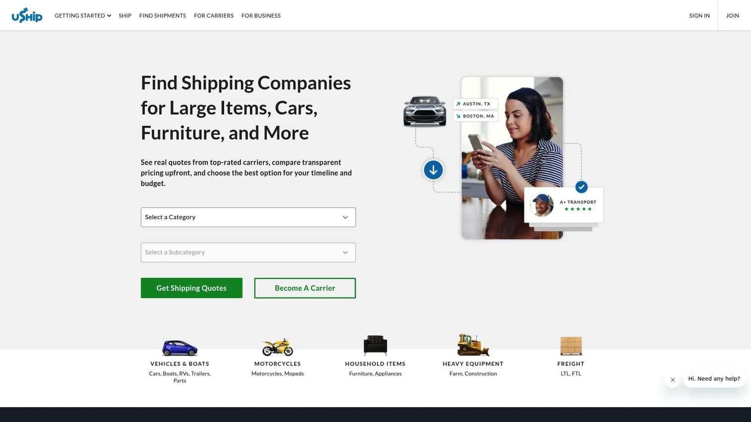 uShip shipping marketplace homepage