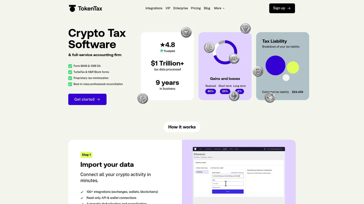 TokenTax crypto tax software and full-service filing homepage