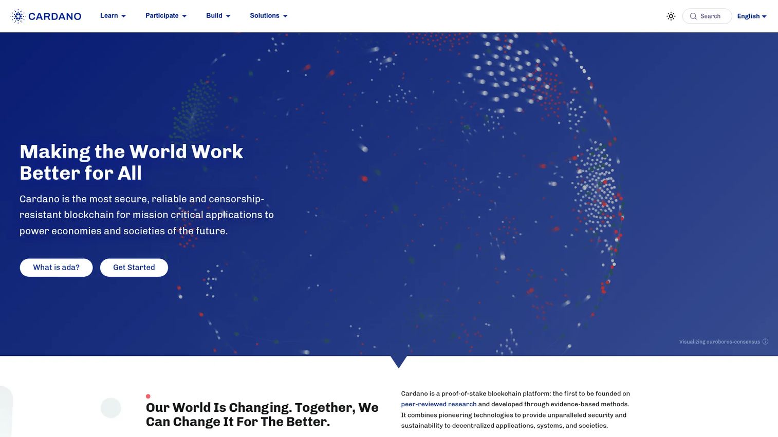 Cardano proof-of-stake blockchain homepage