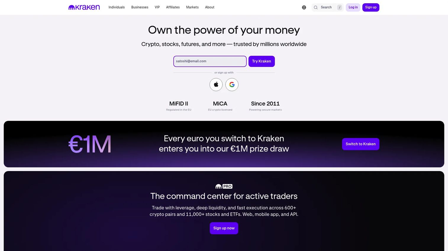 Kraken crypto trading platform homepage