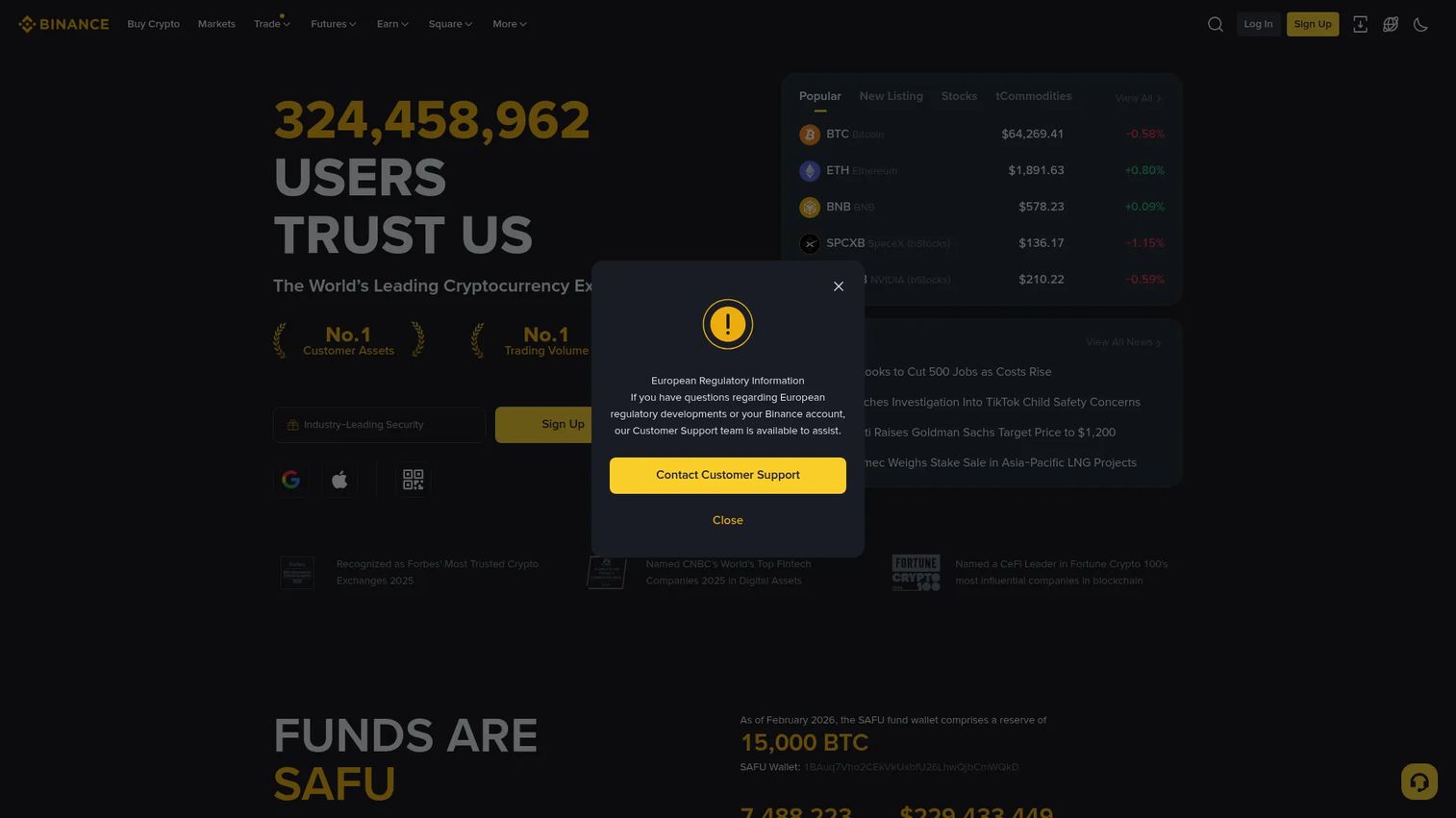 Binance low fee crypto exchange homepage