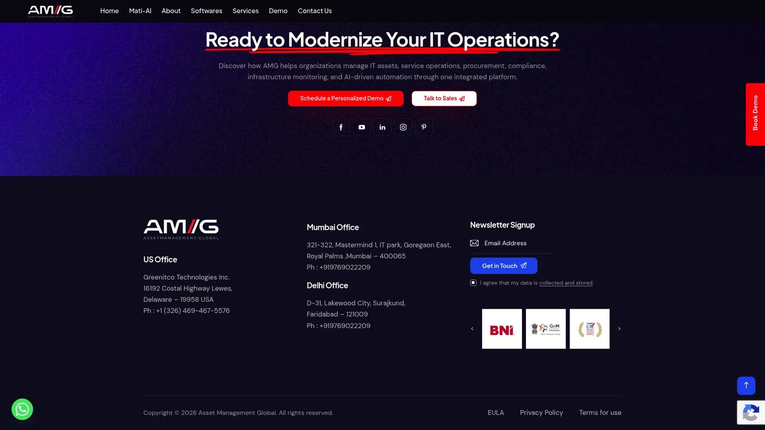 Asset Management Global AMG platform homepage showing IT asset management modules