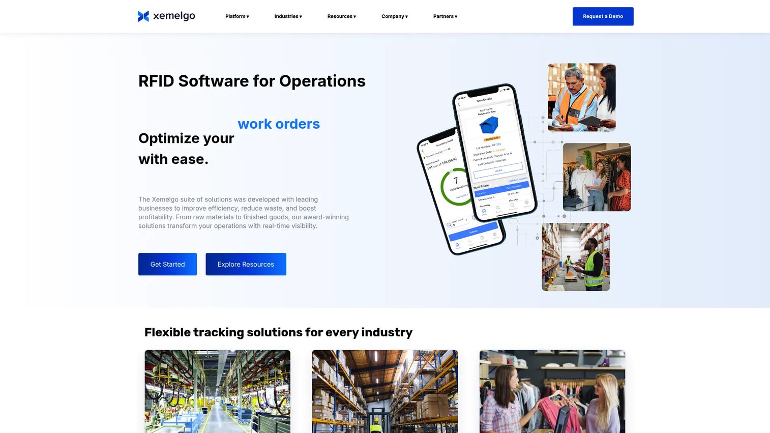 Xemelgo RFID software homepage showing real-time operational visibility