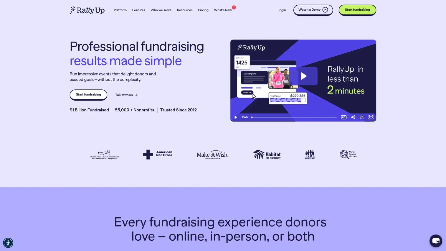 RallyUp online fundraising platform homepage