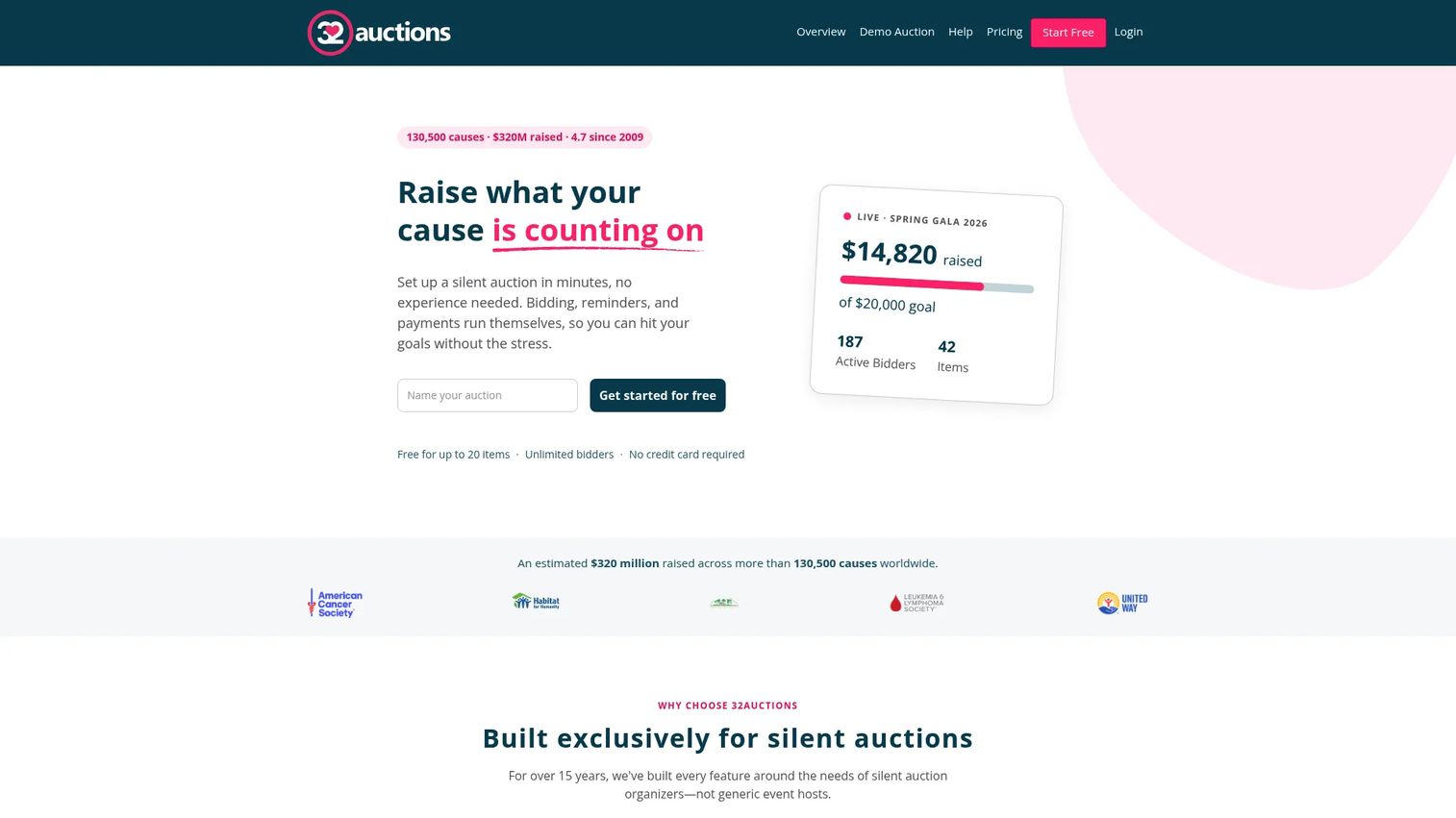 32auctions silent auction software homepage