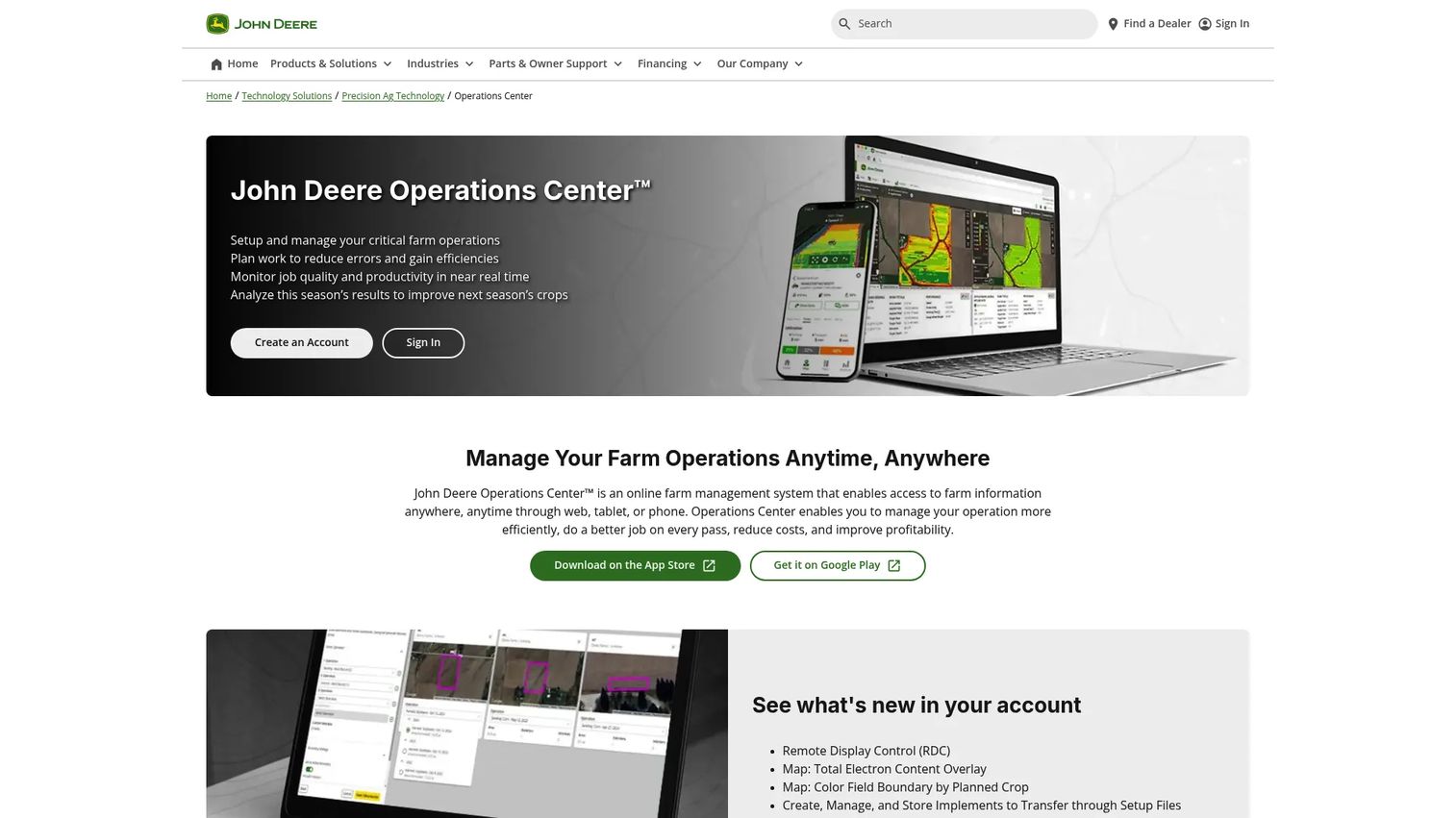 John Deere Operations Center farm data and equipment dashboard