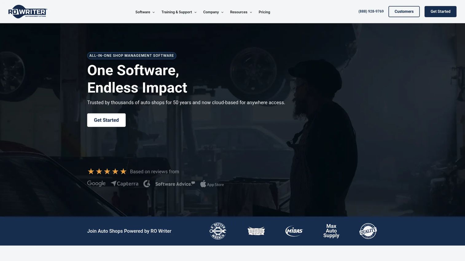 RO Writer auto repair management software homepage