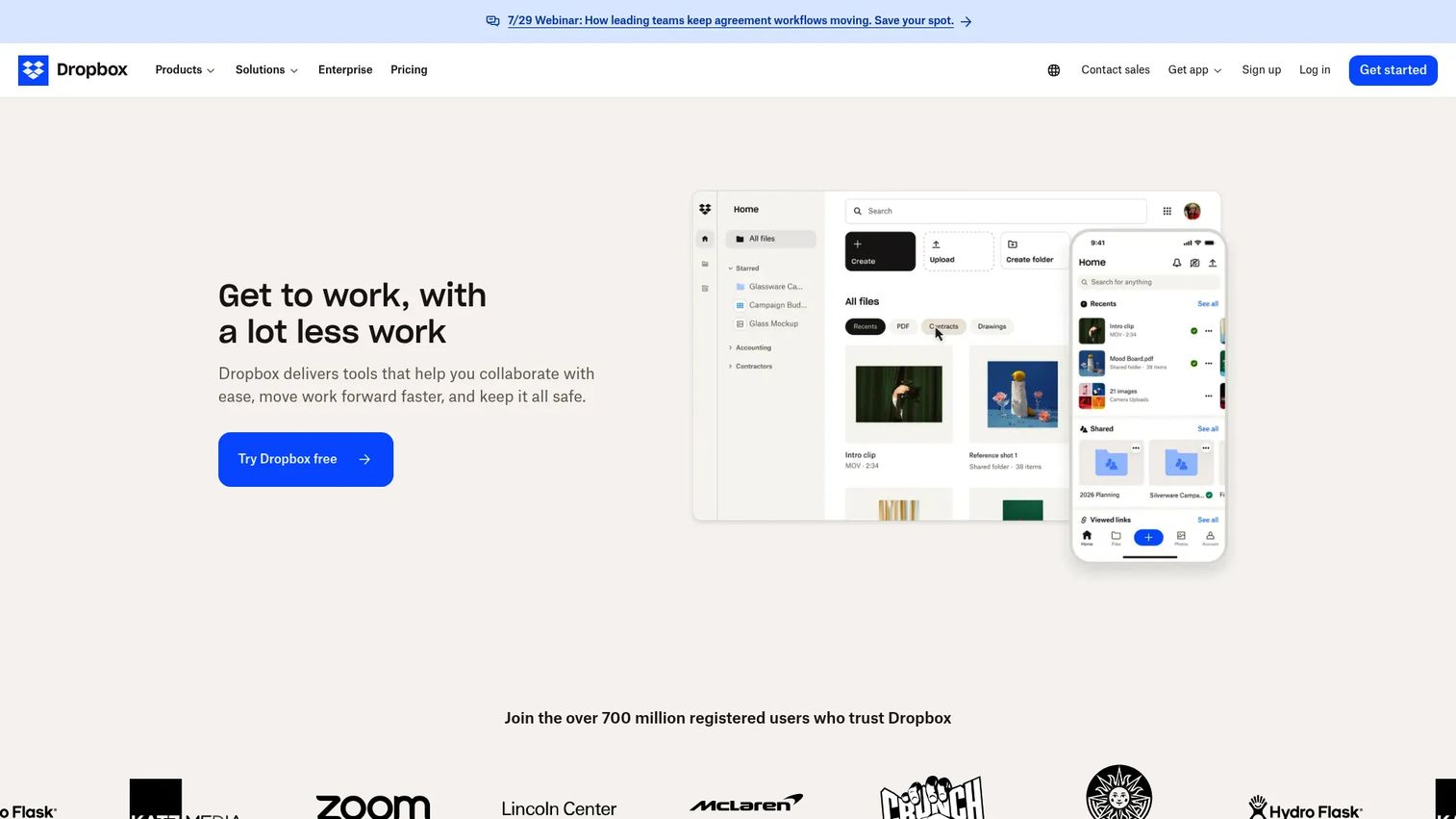Dropbox cloud storage and file sharing homepage