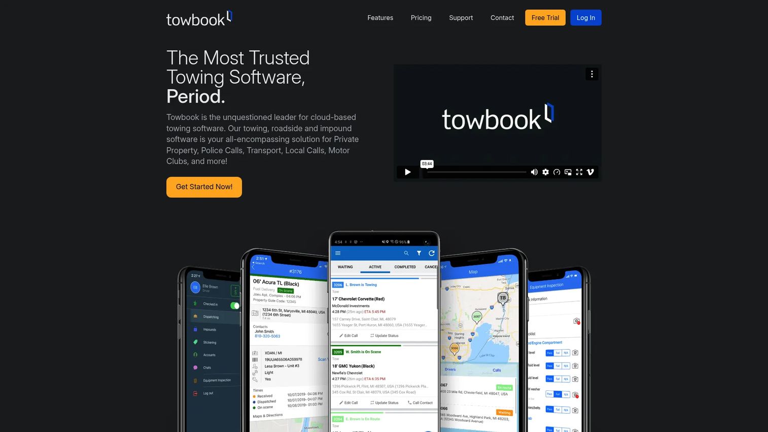 Towbook towing software dispatch and dashboard interface