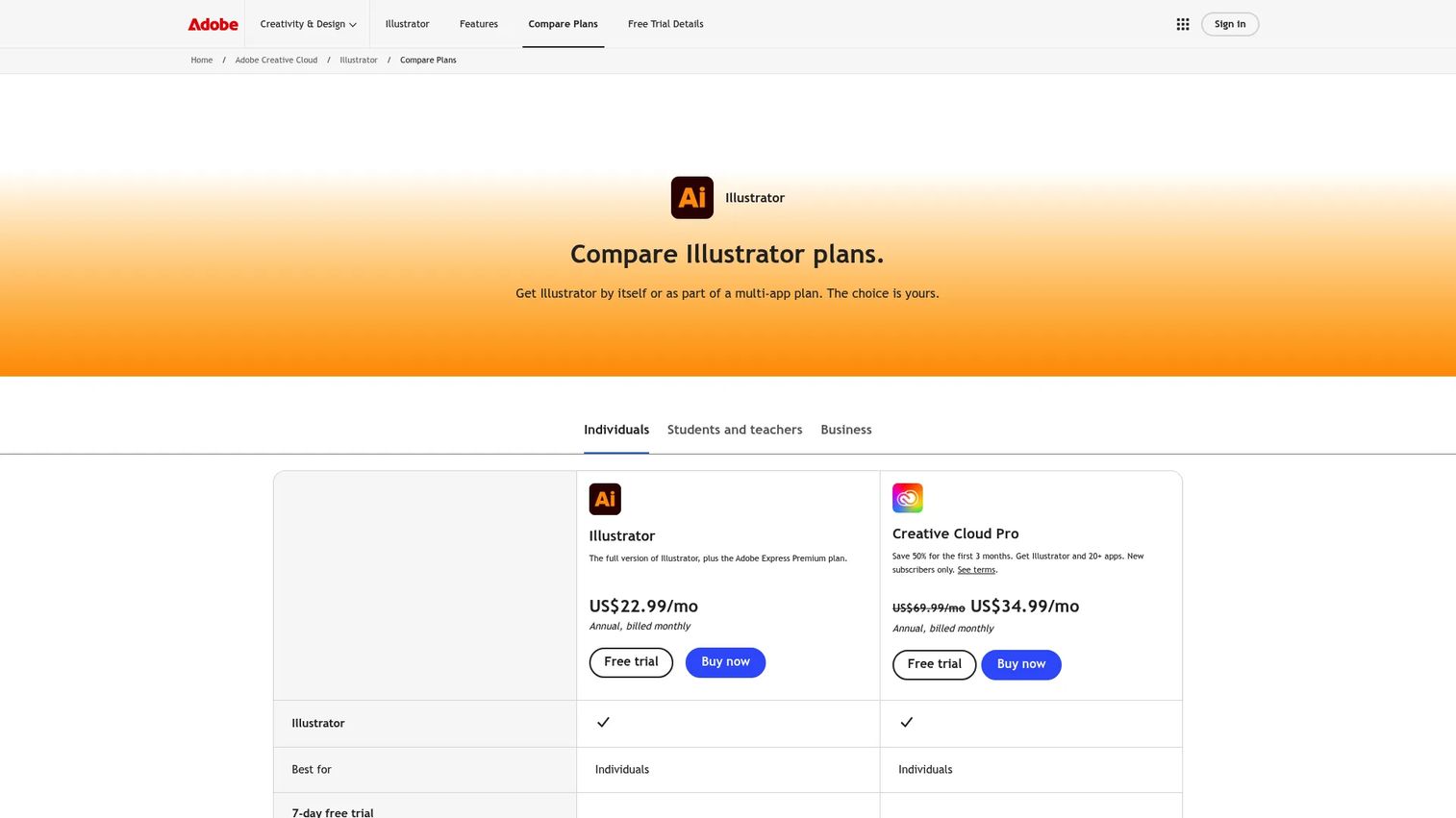 Adobe Illustrator vector design software plans page