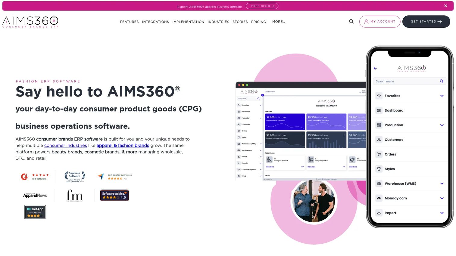 AIMS360 apparel ERP homepage