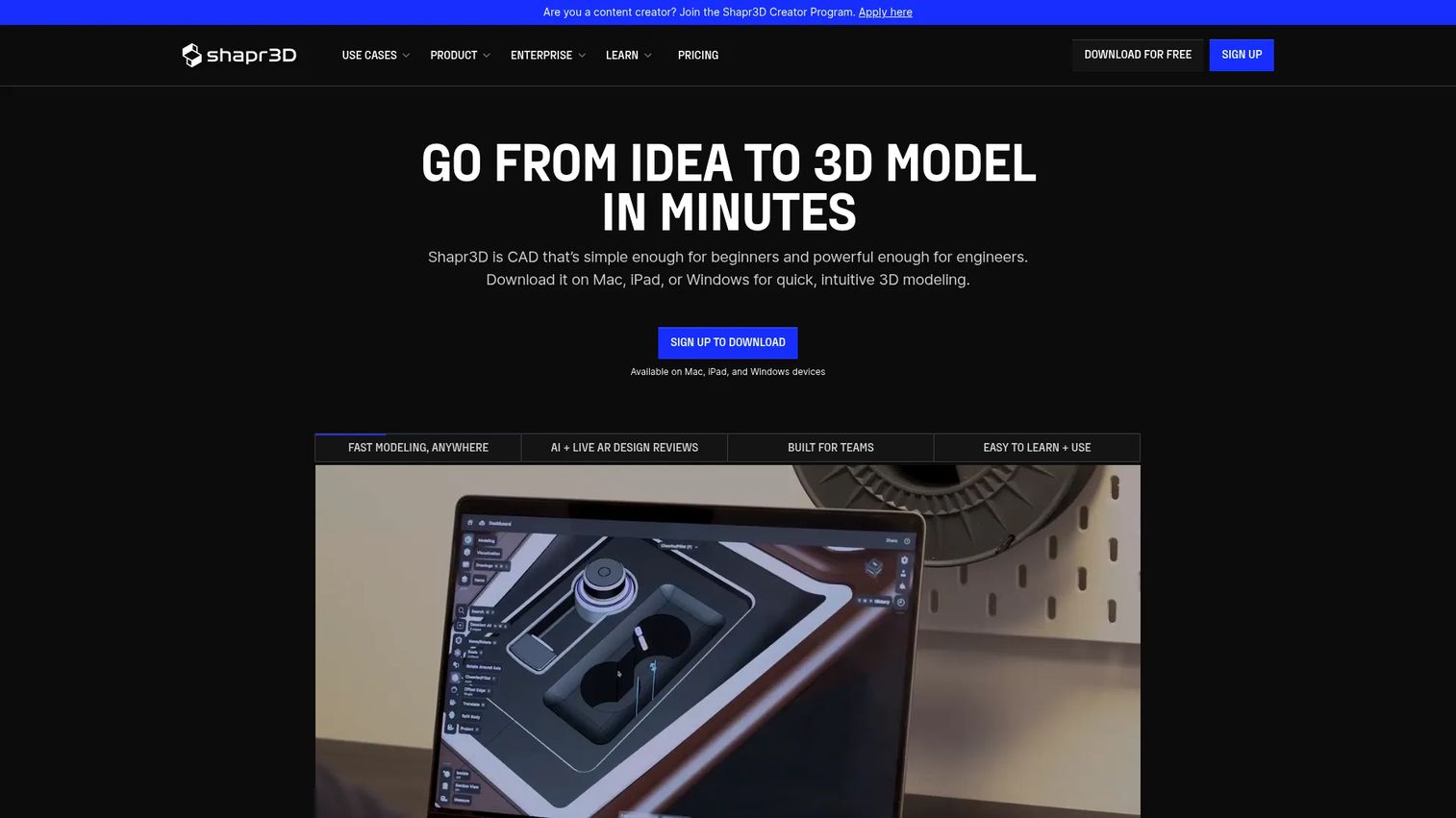 Shapr3D modeling interface on a tablet