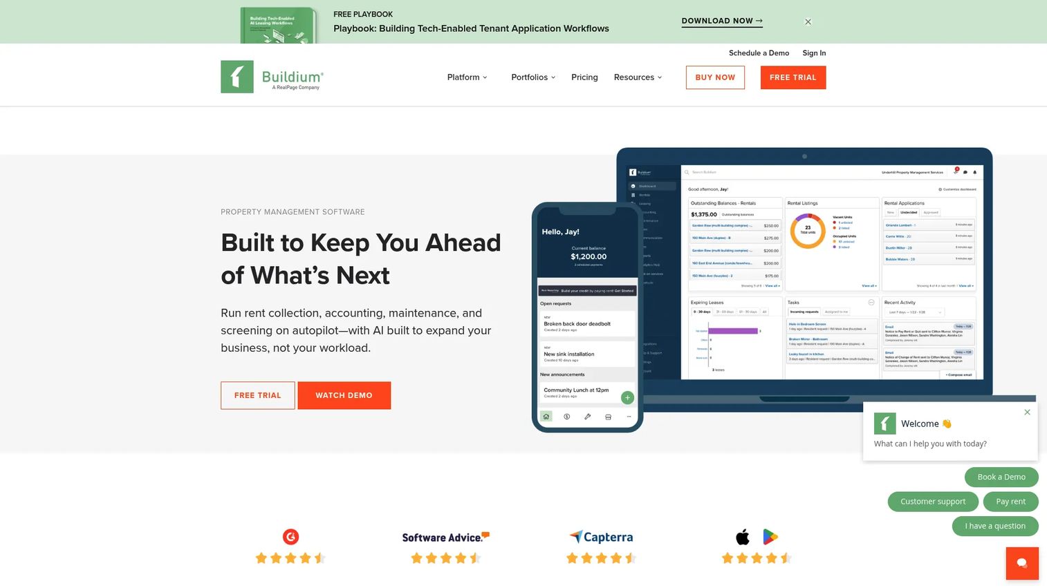 Buildium property and HOA management software homepage