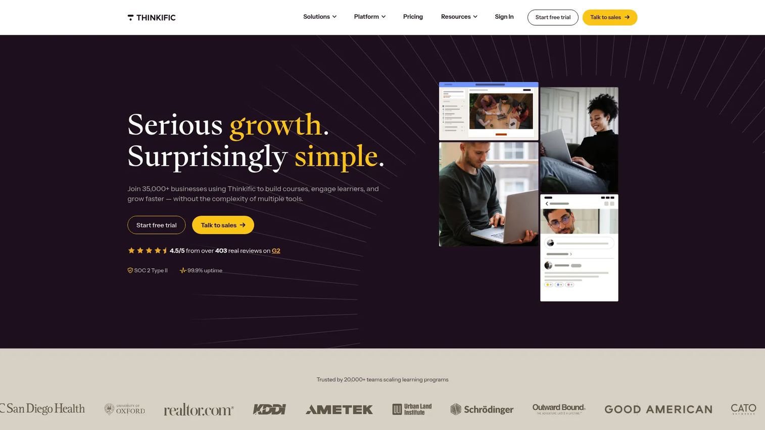 Thinkific online learning platform homepage