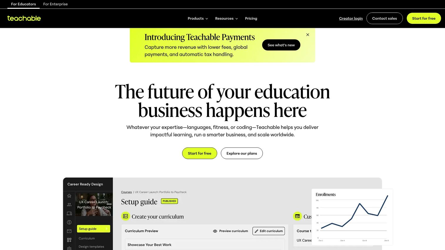 Teachable online course platform homepage