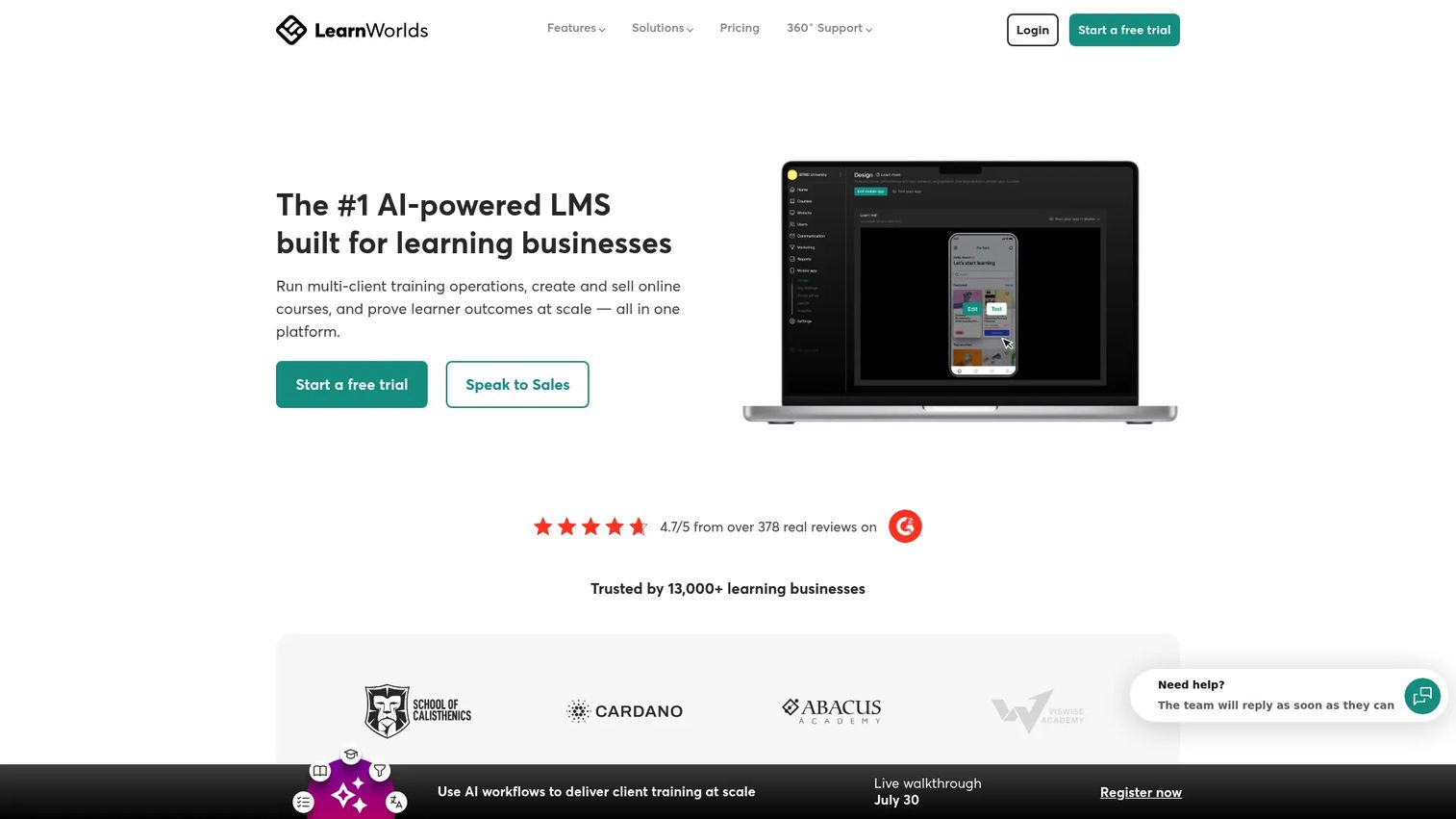 LearnWorlds branded online course platform homepage