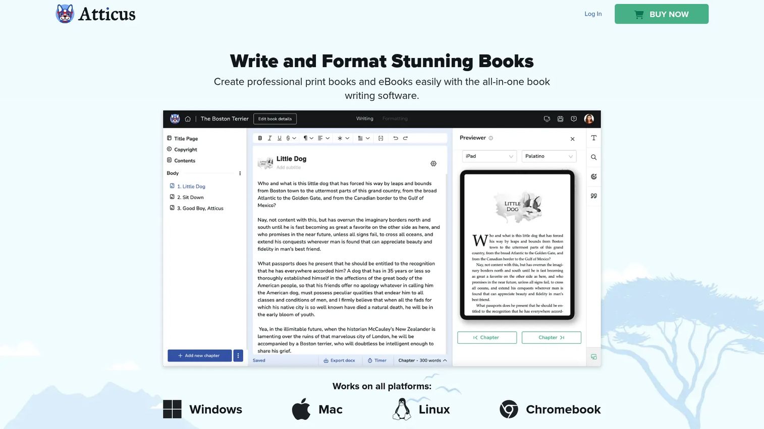 Atticus homepage showing book writing and formatting software