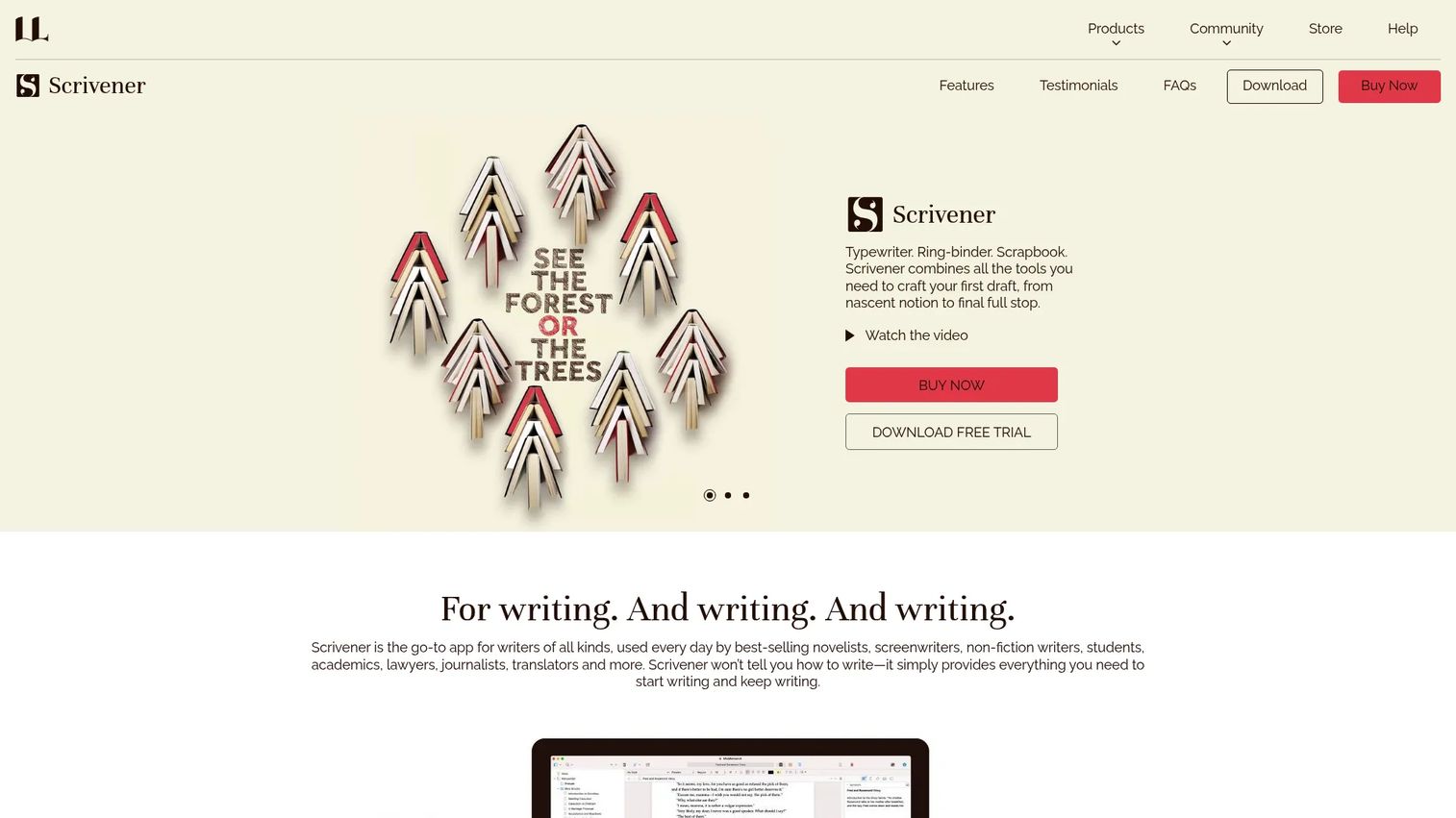 Scrivener long-form writing software overview page