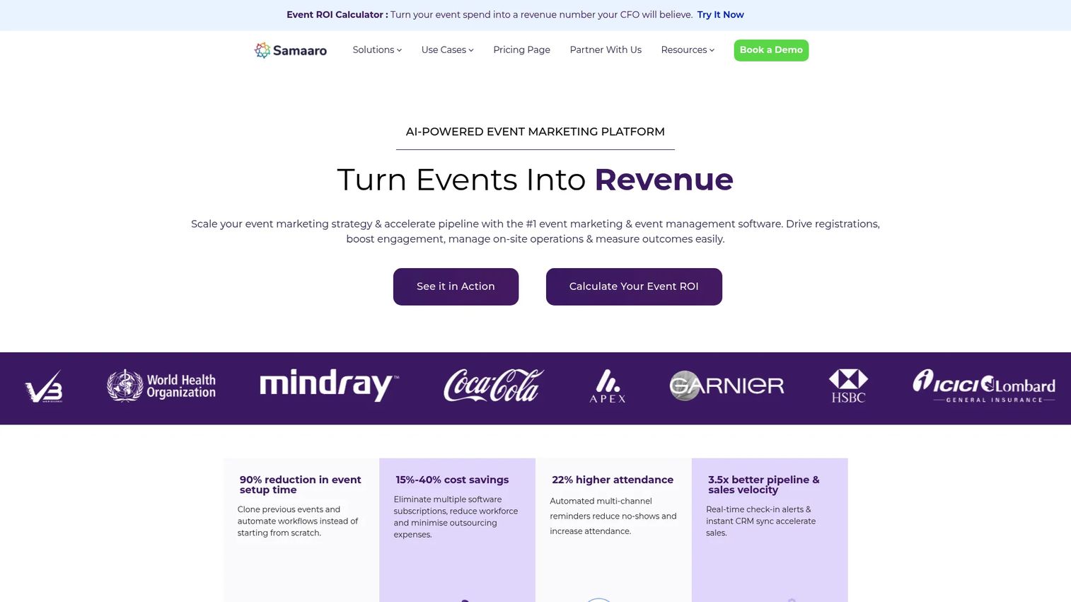 Samaaro event marketing and sponsorship platform homepage