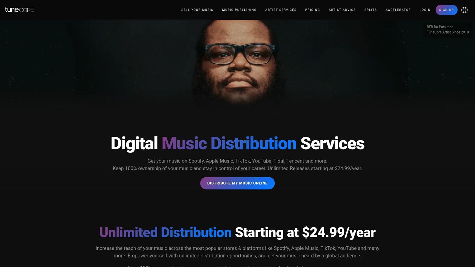 TuneCore music distribution homepage