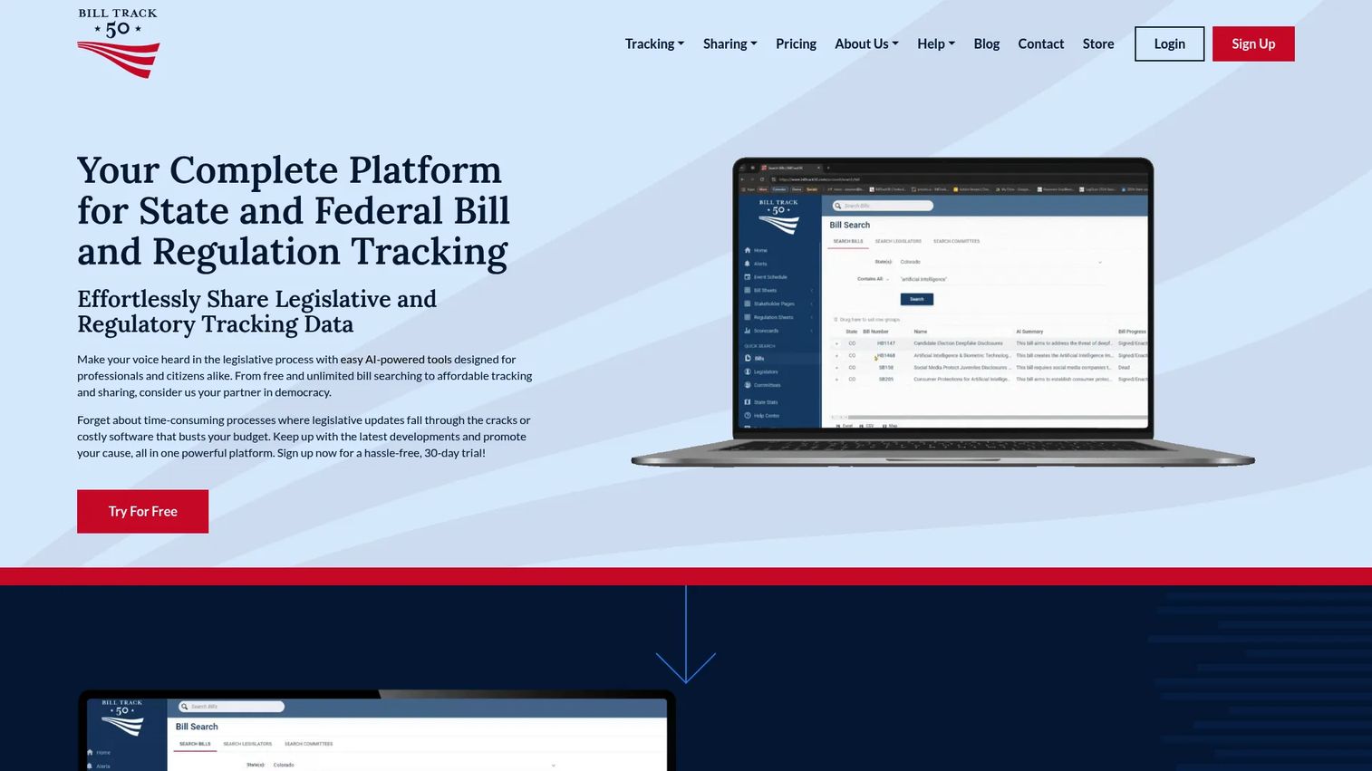 BillTrack50 legislative tracking platform homepage