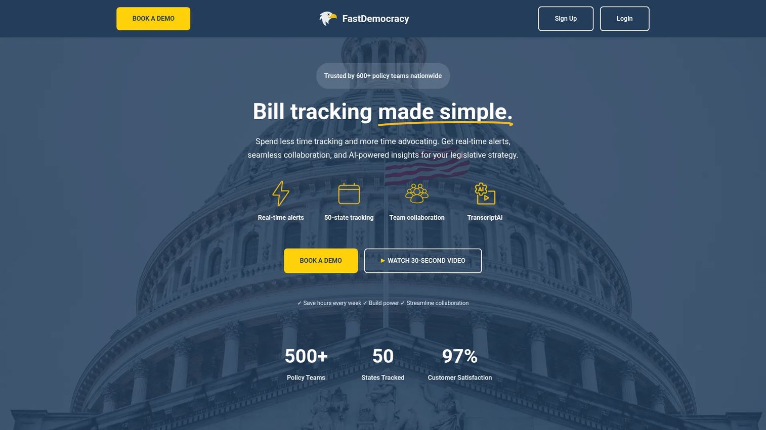 FastDemocracy legislative tracking platform homepage