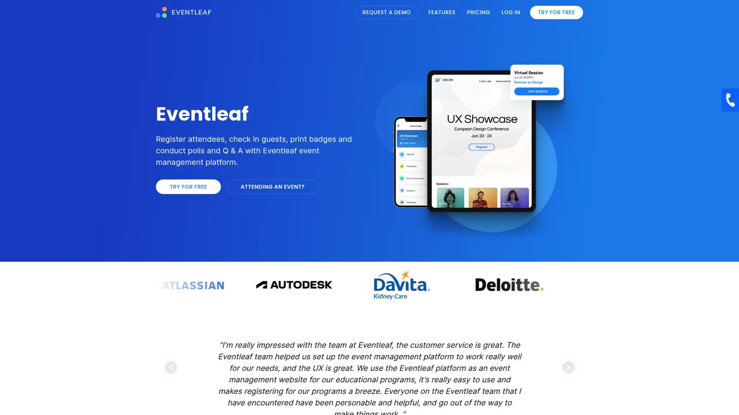 Eventleaf event management and registration software homepage