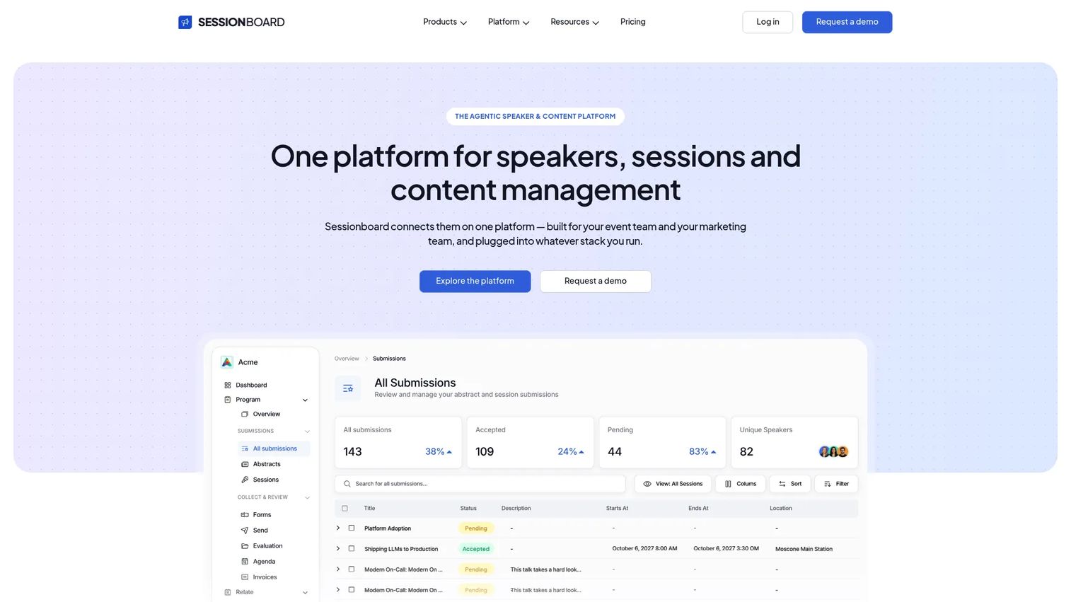 Sessionboard speaker and content management platform homepage