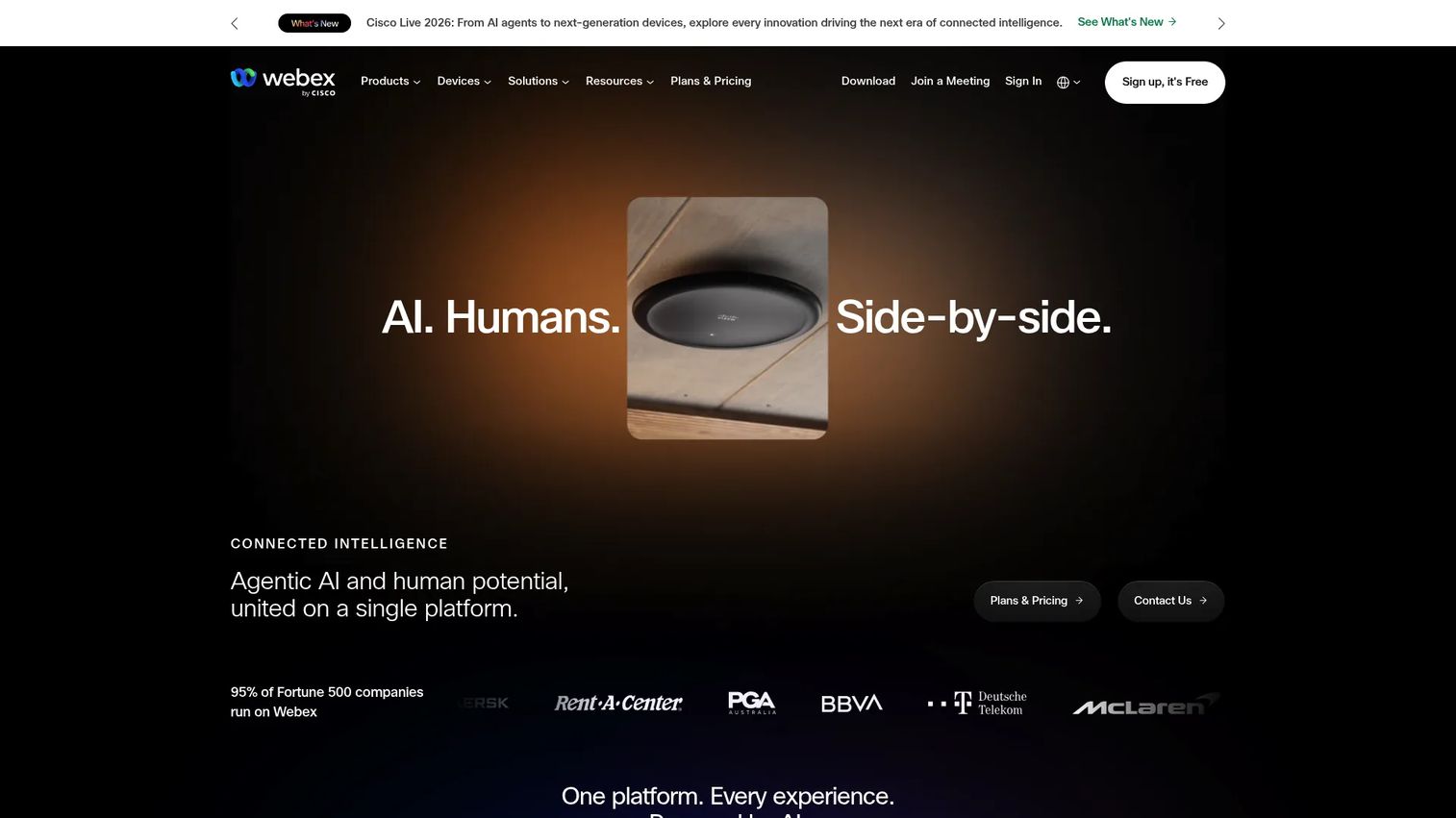 Webex secure meetings and collaboration platform homepage