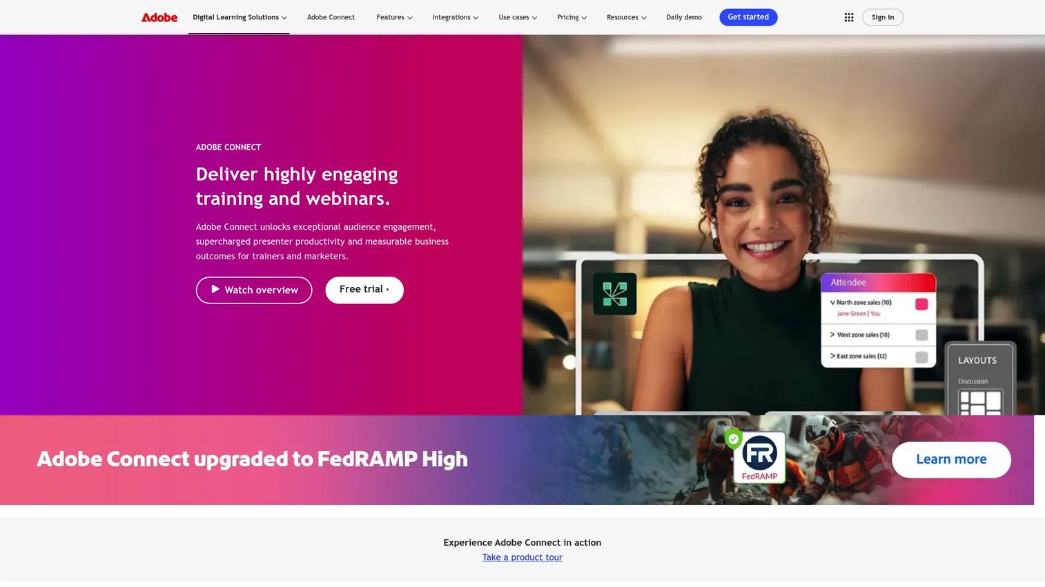 Adobe Connect virtual training and webinar platform with customizable rooms