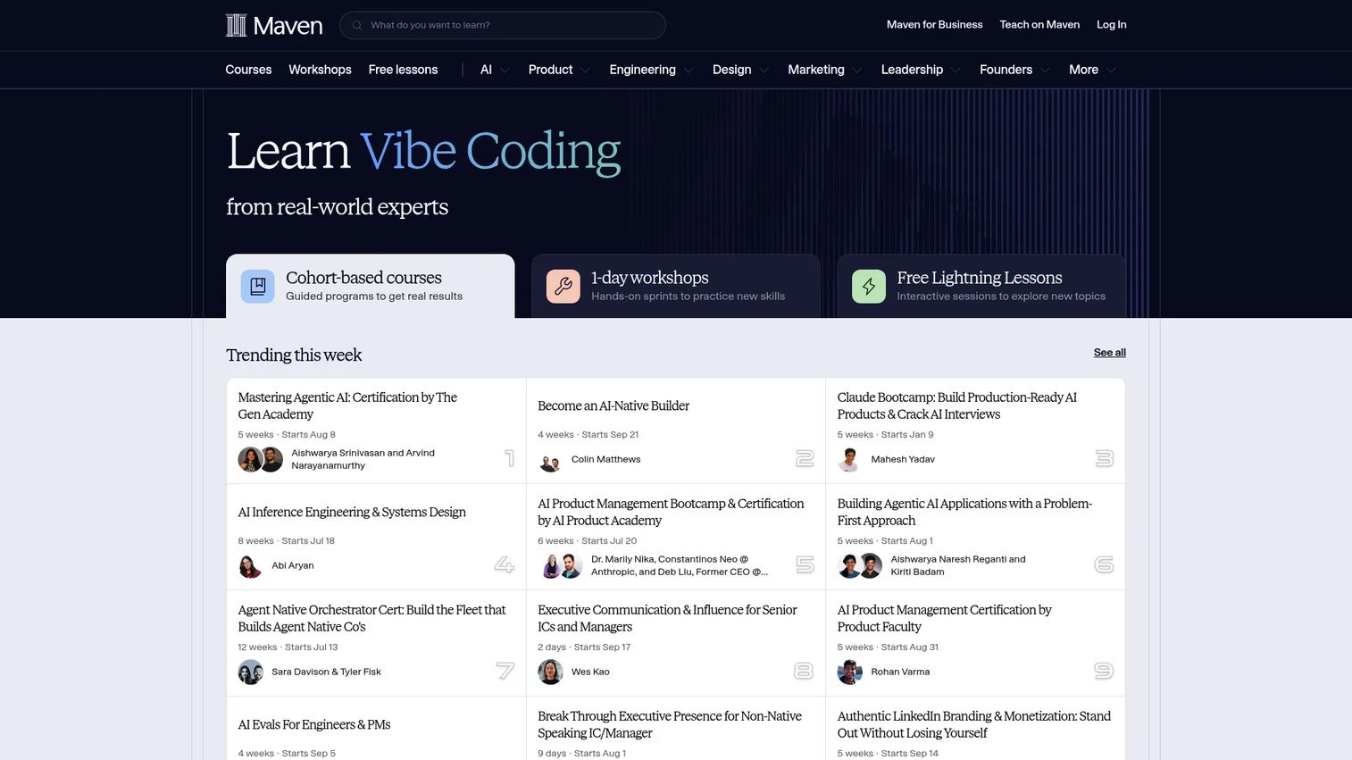 Maven homepage showing its platform for live cohort-based courses and workshops