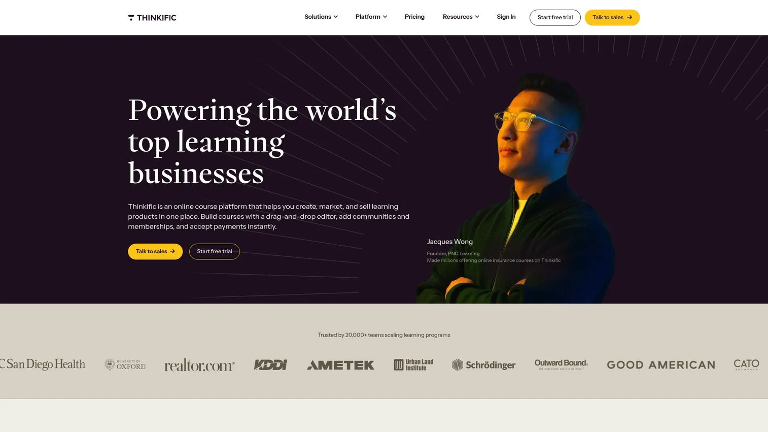 Thinkific online learning commerce platform homepage