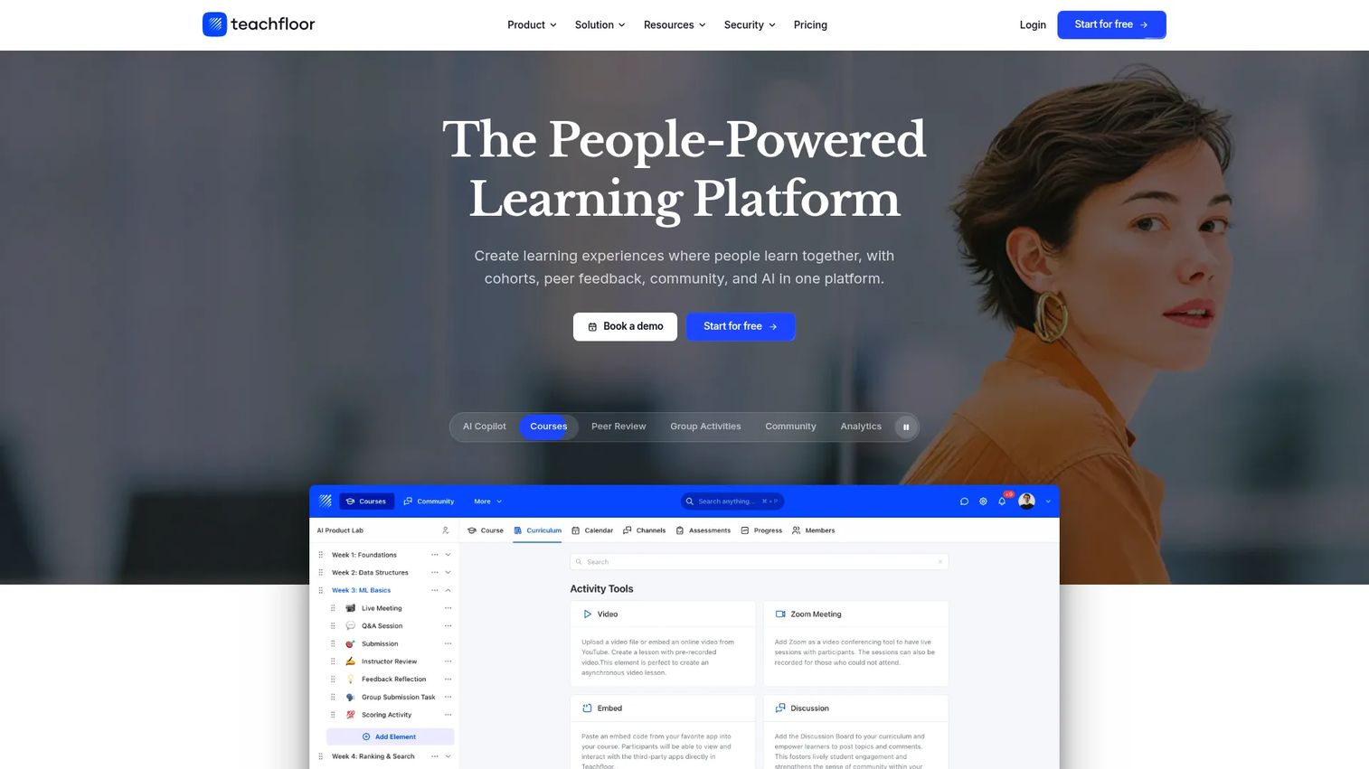 Teachfloor homepage showing its cohort-based learning platform with live sessions and peer review
