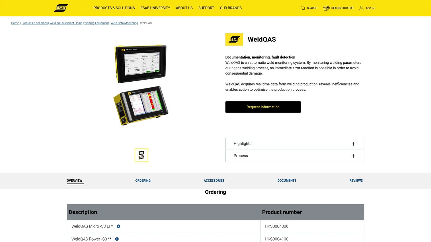 WeldQAS weld monitoring system page